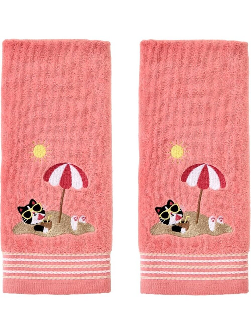 Coral Pink Cat Hand Towel Set - 2pc for Bath, Kitchen & Bar - Perfect Gift!